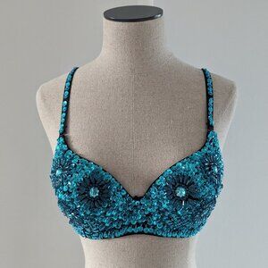 Handbeaded Blue Floral Belly Dancer Rave Festival Pushup Bra (Size: 38 C)
